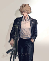Rule 34 | 1girl, absurdres, artist name, black jacket, black pants, brown hair, character name, closed mouth, collared shirt, cowboy shot, curly hair, dress shirt, drop shadow, grey background, gun, hand in pocket, highres, holding, holding gun, holding weapon, jacket, lipstick, long sleeves, looking away, looking to the side, makeup, mary sera, meitantei conan, open clothes, open jacket, pants, red lips, rifle, ryeline, shirt, short hair, solo, trigger discipline, weapon, white shirt