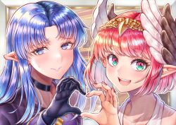 Rule 34 | 2girls, absurdres, black choker, blue eyes, blue hair, blush, choker, circe (fate), donkikong (pixiv17278003), fate/grand order, fate (series), feathered wings, gloves, hair ornament, head wings, heart, heart hands, heart hands duo, highres, long hair, long sleeves, looking at viewer, medea (fate), multiple girls, open mouth, pink hair, pointy ears, short hair, smile, wings