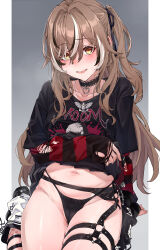 Rule 34 | 1girl, absurdres, arm support, black choker, black footwear, black hair, black panties, black ribbon, black shirt, black skirt, blush, border, brown hair, choker, clothes lift, collarbone, commentary, cropped legs, grey background, groin, hair ribbon, heart, heart choker, highres, hololive, hololive english, jewelry, lifting own clothes, long hair, long sleeves, looking at viewer, multicolored hair, nanashi mumei, nanashi mumei (emo), navel, necklace, official alternate costume, official alternate hairstyle, one side up, open mouth, panties, pleated skirt, red sweater, ribbon, shirt, sitting, skirt, skirt lift, sleeves past wrists, socks, solo, stomach, streaked hair, striped clothes, striped sweater, sweater, torn clothes, torn sleeves, underwear, virtual youtuber, white border, white hair, white socks, yellow eyes, yuukauta