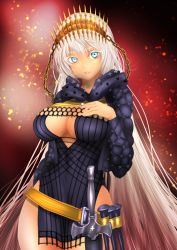 Rule 34 | 1girl, blue eyes, breasts, chain, cleavage, cosplay, crown, dobibonbbb, dress, fate/grand order, fate (series), gold chain, grey hair, highres, hood, hood down, hooded jacket, jacket, jacques de molay (foreigner) (fate), large breasts, lips, open clothes, open jacket, short dress, smile, stake, sword, tan, thighs, weapon, zenobia (fate)