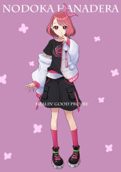 Rule 34 | 1girl, absurdres, black footwear, black shirt, black shorts, bob cut, character name, closed mouth, commentary, curemeteor, ear piercing, earclip, earrings, english text, fashion, full body, hair ribbon, hanadera nodoka, hand to own mouth, healin&#039; good precure, heart, heart earrings, highres, jacket, jewelry, long sleeves, looking at viewer, off shoulder, piercing, pink eyes, pink hair, pink ribbon, pink socks, precure, print shirt, purple background, ribbon, shirt, shoes, short hair, shorts, smile, sneakers, socks, solo, standing, swept bangs, t-shirt, text background, white jacket