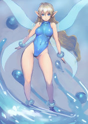 Rule 34 | 1girl, anklet, blonde hair, blue eyes, blue leotard, blue theme, bracelet, breasts, cameltoe, cleft of venus, commentary request, covered erect nipples, covered navel, dytto, expressionless, fairy, fairy wings, gluteal fold, groin, highleg, highleg leotard, highres, jewelry, johan (johan13), legs, leotard, long hair, medium breasts, pointy ears, sega, skin tight, solo, thighs, thor ~seirei ou kiden~, wings
