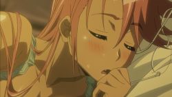Rule 34 | 1girl, animated, animated gif, blush, bouncing breasts, breasts, cleavage, downblouse, closed eyes, fang, glasses, hair down, highschool of the dead, large breasts, long hair, lying, no bra, no eyewear, on side, open mouth, pink hair, sleeping, solo, sweat, takagi saya