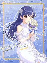 Rule 34 | 1girl, absurdres, blue gemstone, blue hair, blue ribbon, blush, bouquet, brown eyes, character name, clothing cutout, dated, dress, earrings, flower, framed, gem, hair ribbon, highres, holding, holding bouquet, idolmaster, idolmaster (classic), jewelry, kisaragi chihaya, long dress, long hair, long sleeves, necklace, outline, parted lips, purple flower, ribbon, see-through, see-through sleeves, shiro (ongrokm), shoulder cutout, solo, straight hair, very long hair, white dress, white flower, white ribbon