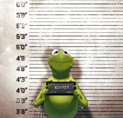 Rule 34 | 1boy, barbie mugshot (meme), character name, english text, frog boy, furry, furry male, imtoffe, kermit the frog, looking at viewer, meme, mugshot, muppets, signature, solo