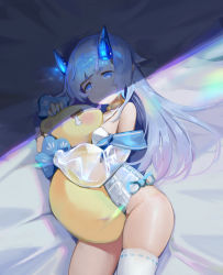 Rule 34 | 1girl, absurdres, azur lane, bare shoulders, bed sheet, blue eyes, blue hair, blue nails, breasts, closed mouth, from above, glowing horns, highres, horns, i-13 (azur lane), long hair, looking at viewer, looking up, lying, nail polish, on side, one-piece swimsuit, ribbon-trimmed legwear, ribbon trim, see-through, see-through sleeves, shadow, short eyebrows, single thighhigh, skindentation, small breasts, smile, solo, swimsuit, thick eyebrows, thighhighs, thighs, very long hair, white one-piece swimsuit, white thighhighs, yu zhi zha