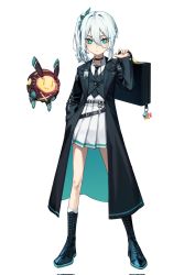 Rule 34 | + +, 1girl, aqua coat, aqua eyes, bad id, bad twitter id, belt, black choker, black coat, black necktie, briefcase, bright pupils, charm (object), choker, chukibabo2, closed mouth, coat, eyes visible through hair, floating, grey background, hair between eyes, hand in pocket, highres, holding, holding briefcase, id card, looking at viewer, medium hair, multicolored clothes, multicolored coat, necktie, open clothes, open coat, original, over shoulder, robot, side ponytail, simple background, standing, symbol-shaped pupils, two-tone coat, white hair, white pupils
