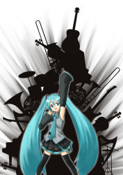 Rule 34 | absurdres, aqua eyes, aqua hair, armpits, bad id, bad pixiv id, hatsune miku, highres, instrument, kamina pose, lakuhito, long hair, necktie, pointing, pointing up, solo, thighhighs, twintails, very long hair, vocaloid
