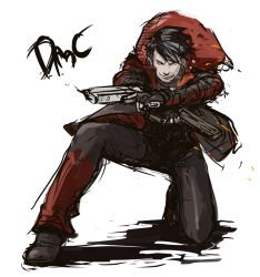 Rule 34 | 1boy, black hair, butcha-u, capcom, cigarette, coat, dante (dmc: devil may cry), devil may cry, devil may cry (series), dmc: devil may cry, dual wielding, fingerless gloves, gloves, gun, handgun, holding, jacket, jewelry, male focus, necklace, on one knee, pistol, red eyes, short hair, sketch, smoking, solo, trench coat, trigger discipline, weapon