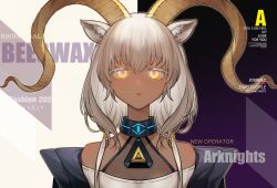 Rule 34 | 1girl, animal ears, arknights, bare shoulders, beeswax (arknights), black background, black jacket, breasts, character name, cleavage, collar, colored eyelashes, cover, curled horns, dark-skinned female, dark skin, english text, eyelashes, fake magazine cover, goat ears, goat girl, goat horns, grey hair, highres, horns, jacket, long hair, magazine cover, off shoulder, parted lips, portrait, purple background, short hair with long locks, solo, straight-on, white background, yang3500, yellow eyes