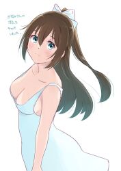 Rule 34 | 1girl, blue dress, blue eyes, bow, breasts, brown hair, cleavage, closed mouth, collarbone, commentary request, dress, frown, gradient dress, hair between eyes, hair bow, half updo, highres, long hair, looking at viewer, love live!, love live! nijigasaki high school idol club, medium breasts, osaka shizuku, sidelocks, solo, standing, takahashi mugi, translation request, upper body, white background, white bow, white dress