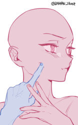 Rule 34 | 1girl, 1other, bald, bald girl, bare shoulders, blue nails, cheek poking, collarbone, colored skin, dahan, highres, korean commentary, looking away, looking to the side, nail polish, open hand, original, pink eyes, pink skin, poking, portrait, pout, solo focus, template, white background