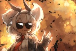 Rule 34 | 1girl, :3, alvis (last origin), collared shirt, explosion, fingerless gloves, fire, formal, gloves, highres, larribee, last origin, necktie, red necktie, shirt, solo, suit, sunglasses, twintails, two side up, white hair, white shirt