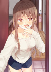Rule 34 | 1girl, blue eyes, blue shorts, blurry, blurry background, breasts, brown eyes, brown hair, commentary request, depth of field, fingernails, hazuki natsu, highres, long hair, long sleeves, looking at viewer, mask, mask pull, medium breasts, mouth mask, open mouth, original, pulled by self, shirt, short shorts, shorts, solo, standing, surgical mask, translation request, twitter username, white shirt