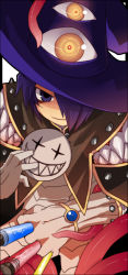 Rule 34 | 1boy, armor, between fingers, breastplate, brown cape, cape, closed mouth, commentary request, creator (ragnarok online), emon-yu, gloves, hair over one eye, hat, holding, holding mask, living clothes, looking at viewer, mask, purple eyes, purple hair, purple hat, ragnarok online, short hair, smile, solo, teeth, tongue, upper body, vial, white gloves, witch hat, yellow eyes