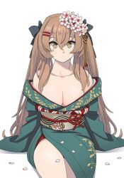 Rule 34 | 1girl, breasts, brown hair, cleavage, closed mouth, flower, girls&#039; frontline, hair flower, hair ornament, hair ribbon, hairclip, japanese clothes, kimono, long hair, looking at viewer, medium breasts, official alternate costume, ribbon, scar, scar across eye, solo, tab (tabkun), twintails, ump9 (girls&#039; frontline), ump9 (wayfarer of the profound) (girls&#039; frontline)