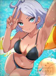 Rule 34 | 1girl, ahoge, alternate costume, aqua eyes, armpits, arms up, bikini, black bikini, breasts, cleavage, collarbone, commentary request, dark-skinned female, dark skin, grey hair, gundam, gundam suisei no majo, haro, highres, large breasts, light particles, looking at viewer, mizuno374, navel, parted bangs, partially submerged, pool, secelia dote, selfie, short hair, smile, solo focus, swimsuit, v, wading, water, white nails