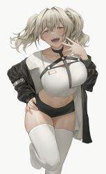 Rule 34 | 1girl, :d, absurdres, banned artist, black jacket, black shorts, breasts, chest harness, collarbone, crop top, fangs, grey eyes, grey hair, hair intakes, hand on own hip, hand up, harness, highres, hinaki (hinaki 0102), jacket, large breasts, leaning forward, leg up, long hair, long sleeves, looking at viewer, micro shorts, midriff, navel, no shoes, off shoulder, open clothes, open jacket, open mouth, original, revealing clothes, shirt, shorts, simple background, skindentation, smile, solo, standing, standing on one leg, stomach, thighhighs, thighs, twintails, white background, white shirt, white thighhighs