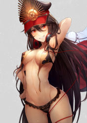 Rule 34 | 1girl, arm behind head, bikini, black bikini, breasts, brown hair, commentary request, crest, family crest, fate/grand order, fate (series), frilled bikini, frills, front-tie bikini top, front-tie top, grey background, grin, hand on own hip, hat, hat ornament, headphones, headphones around neck, holding, holding clothes, holding jacket, jacket, kyoeiki, long hair, looking at viewer, medium breasts, navel, oda nobunaga (fate), oda nobunaga (koha-ace), oda nobunaga (swimsuit berserker) (fate), peaked cap, red eyes, smile, smirk, solo, standing, sweat, swimsuit, underboob, untied bikini, unworn jacket, very long hair