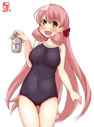 Rule 34 | 1girl, akashi (kancolle), alcohol, alternate costume, artist logo, asahi breweries, beer, beer can, black one-piece swimsuit, breasts, can, collarbone, commentary request, competition school swimsuit, covered navel, dated, drink can, drunk, gluteal fold, green eyes, hair ribbon, highres, kanon (kurogane knights), kantai collection, leaning to the side, long hair, medium breasts, new school swimsuit, one-piece swimsuit, open mouth, pink hair, revision, ribbon, school swimsuit, simple background, solo, standing, swimsuit, tress ribbon, white background