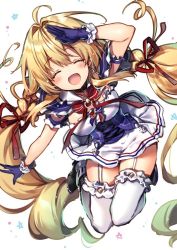 Rule 34 | 1girl, ahoge, azur lane, blonde hair, blush, bow, bowtie, braid, breasts, choker, commentary request, cross, cross choker, earrings, frilled thighhighs, frills, full body, garter belt, garter straps, gloves, hair between eyes, hair intakes, hair ornament, jewelry, le temeraire (azur lane), long hair, miniskirt, open mouth, red bow, red bowtie, ribbon, riichu, salute, shoes, simple background, skirt, solo, striped bow, striped bowtie, striped clothes, thighhighs, twin braids, very long hair, white background, white thighhighs
