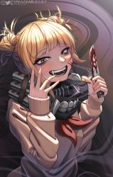 Rule 34 | absurdres, artist name, blonde hair, blood, boku no hero academia, brown background, commentary, dagger, double bun, dress, english commentary, fangs, hair bun, hand up, highres, holding, holding weapon, knife, long sleeves, peaceablecolt, ribbon, sailor dress, school uniform, serafuku, short hair, signature, solo, sweater, toga himiko, twitter username, uniform, weapon, yellow eyes