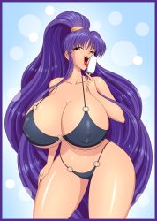 Rule 34 | 1girl, akiranime, bikini, breasts, cleavage, covered erect nipples, curvy, eiken, female focus, food, highres, huge breasts, long hair, looking at viewer, matching hair/eyes, misono kirika, open mouth, ponytail, popsicle, purple eyes, purple hair, smile, solo, standing, swimsuit, tongue, tongue out, very long hair, wide hips