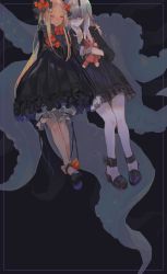 Rule 34 | 2girls, abigail williams (fate), albino, arms behind back, black bow, black dress, black footwear, blonde hair, border, bow, bubble skirt, closed mouth, creepy, dress, closed eyes, facing viewer, fate/grand order, fate (series), holding, holding stuffed toy, kibadori rue, knees together feet apart, lavinia whateley (fate), legs together, long hair, long sleeves, multiple girls, orange bow, pale skin, pantyhose, pigeon-toed, shoes, silver hair, skirt, smile, stuffed animal, stuffed toy, teddy bear, tentacles, white legwear