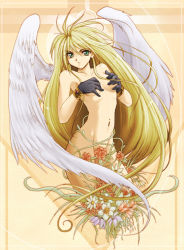 Rule 34 | 1girl, angel, blonde hair, breasts, covering privates, covering breasts, flower, gloves, green eyes, kaiga, long hair, nude, nude cover, small breasts, solo, very long hair, wings