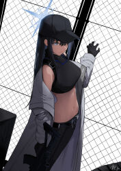 Rule 34 | 1girl, bare shoulders, baseball cap, black gloves, black hair, black hat, black pants, black shirt, blue archive, blue eyes, breasts, chain-link fence, coat, commentary request, cowboy shot, crop top, fence, gloves, grey coat, hair between eyes, hat, highres, large breasts, leggings, long hair, long sleeves, midriff, navel, off shoulder, open clothes, open coat, oregano (olgn eao), pants, partial commentary, saori (blue archive), shirt, sleeveless, sleeveless shirt, solo, standing, stomach, very long hair