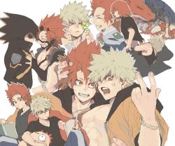 Rule 34 | 2boys, anger vein, bakugou katsuki, black shirt, blonde hair, boku no hero academia, bracelet, butt crack, clover, dragon, closed eyes, four-leaf clover, grabbing another&#039;s hair, grin, hand in another&#039;s hair, higa drug, highres, hood, hood up, jacket, jewelry, kirishima eijirou, looking at another, male focus, multiple boys, multiple views, open clothes, open jacket, open mouth, outline, reading, red eyes, red hair, school uniform, sharp teeth, shirt, shirt grab, sitting, smile, spiked hair, teeth, toned, toned male, u.a. school uniform, v, white background, white outline, yaoi, yellow jacket, zipper