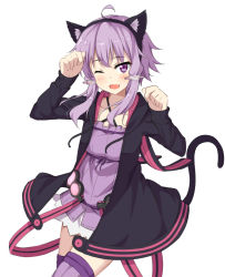 Rule 34 | 1girl, :d, ahoge, animal ears, arm up, black jacket, blush, breasts, cat ears, cat girl, cat tail, collarbone, commentary request, criss-cross halter, dress, fake animal ears, fang, hair between eyes, hair ornament, halterneck, hand up, highres, hood, hood down, hooded jacket, jacket, kohakope, long hair, looking at viewer, open clothes, open jacket, open mouth, paw pose, purple dress, purple eyes, purple hair, purple thighhighs, short dress, simple background, small breasts, smile, solo, tail, thighhighs, vocaloid, voiceroid, white background, yuzuki yukari