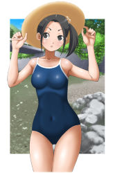 Rule 34 | 1girl, bare shoulders, black eyes, black hair, blush, collarbone, competition school swimsuit, covered navel, dot nose, eyebrows, female focus, hair bobbles, hair ornament, hands up, hat, k kokyo10, legs together, looking at viewer, one-piece swimsuit, original, outdoors, parted lips, school swimsuit, short hair, side ponytail, solo, standing, sun hat, swimsuit, thigh gap