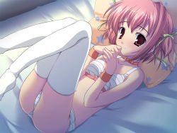 Rule 34 | 1girl, armband, bed, blush, bra, choker, festa!! hyper girls pop, flat chest, game cg, hagiwara onsen, hayasaka remi, knees together feet apart, lass (company), legs together, legs up, lingerie, lying, on back, panties, pillow, red hair, ribbon, solo, striped bra, striped clothes, striped panties, thighhighs, underwear, underwear only, white bra, white panties, white thighhighs, wristband