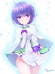 Rule 34 | 1girl, ahoge, artist name, beckoning, blush, bob cut, breasts, capelet, closed mouth, cowboy shot, dress, espoir, eyebrows, fingerless gloves, gloves, hand on own chest, light particles, long sleeves, looking at viewer, maron (1212ama), no panties, outstretched arm, purple eyes, purple hair, short dress, short hair, signature, small breasts, smile, solo, sound voltex, sound voltex ii infinite infection, white background
