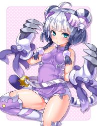 Rule 34 | 1girl, ahoge, bare shoulders, belt, blue eyes, braid, claws, haku (p&amp;d), long hair, looking at viewer, multicolored hair, parted lips, purple hair, puzzle &amp; dragons, shouni (sato3), solo, tail, thighs, tiger tail, twin braids, underwear, white hair
