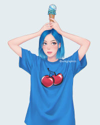 Rule 34 | 1girl, arms up, blue eyes, blue hair, grey background, highres, holding, ice cream cone, licking lips, lips, looking up, original, print shirt, shirt, short hair, simple background, solo, tongue, tongue out, umigraphics, upper body