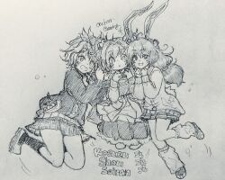Rule 34 | 3girls, alternate costume, animal ears, bell, carbohydrate (asta4282), commentary request, full body, greyscale, hair bell, hair ornament, highres, long sleeves, low twintails, monochrome, motoori kosuzu, multiple girls, one-hour drawing challenge, open mouth, rabbit ears, rabbit tail, seiran (touhou), shoes, simple background, smile, socks, star (symbol), tail, toramaru shou, touhou, traditional media, twintails, two side up