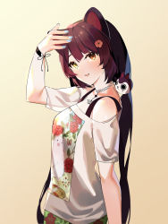 Rule 34 | 1girl, animal ears, arm up, bad id, bad pixiv id, bare shoulders, beige background, blue nails, blush, breasts, brown background, brown eyes, brown hair, choker, dog ears, dog hair ornament, eyebrows hidden by hair, fang, floral print, flower, gradient background, green skirt, hair flower, hair ornament, heterochromia, highres, inui toko, long hair, low twintails, mania (fd6060 60), medium breasts, nail polish, nijisanji, off-shoulder shirt, off shoulder, parted lips, print shirt, print skirt, red flower, shirt, short sleeves, skirt, solo, twintails, very long hair, virtual youtuber, white shirt