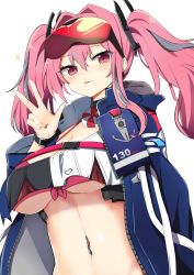 Rule 34 | 1girl, :p, azur lane, bikini, bikini under clothes, blue jacket, breasts, bremerton (azur lane), commentary request, eyewear on head, hair between eyes, highres, jacket, large breasts, long hair, looking at viewer, midriff, navel, navel piercing, open clothes, open jacket, piercing, pink eyes, pink hair, red bikini, simple background, solo, sparkle, sunglasses, sunglasses on head, swimsuit, tonari (ichinichime azuma), tongue, tongue out, twintails, upper body, w, white background