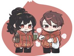 Rule 34 | 1boy, 1girl, bag, baozi, barley tea, black hair, black pants, bottle, chibi, closed mouth, cup, drawstring, food, hamhampangpang, high ponytail, highres, holding, holding bottle, holding cup, hood, hoodie, husband and wife, kojocho05, library of ruina, long hair, lowell (project moon), pants, plastic bag, project moon, red eyes, red hair, red hoodie, sidelocks, smile, xiao (project moon)