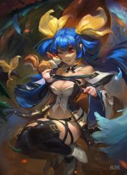 1girl artist_name asymmetrical_wings belt black_panties black_thighhighs blue_hair breasts choker collarbone detached_sleeves dizzy_(guilty_gear) feathers guilty_gear guilty_gear_xrd hair_ribbon highres hozure large_breasts long_hair midriff monster_girl navel panties red_eyes red_ribbon ribbon skindentation smile solo squirrel tail tail_ornament tail_ribbon thick_thighs thigh_strap thighhighs thighs twintails underwear wings yellow_ribbon