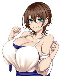 Rule 34 | 1girl, arms up, bare shoulders, blue eyes, blue skirt, blush, breasts, brown hair, cleavage, clenched hands, collarbone, commentary request, grin, hair between eyes, halterneck, hands up, highres, hz (666v), keno (keno ch), large breasts, original, short hair, short sleeves, skirt, smile, tank top, upper body, w, white tank top, wide sleeves