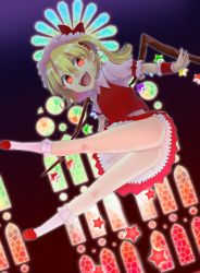 Rule 34 | 1girl, :d, aikoi (arararaaren), ass, blonde hair, dutch angle, fangs, flandre scarlet, from below, full body, glowing, glowing eyes, hat, hat ribbon, kneehighs, looking at viewer, miniskirt, mob cap, open mouth, outstretched arms, pointy ears, puffy sleeves, red eyes, red skirt, ribbon, shirt, short sleeves, side ponytail, skirt, skirt set, smile, socks, solo, star (symbol), touhou, upskirt, vest, white socks, wings, wrist cuffs