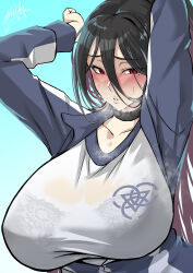 Rule 34 | 1girl, absurdres, arms up, black hair, blue archive, blue jacket, blush, bralines, breasts, choker, collarbone, hair between eyes, hasumi (blue archive), hasumi (track) (blue archive), high ponytail, highres, huge breasts, jacket, long hair, long sleeves, looking at viewer, mole, mole under eye, red eyes, shiki (love-saber), shirt, solo, very long hair, white shirt
