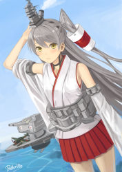 Rule 34 | 1girl, amatsukaze (kancolle), artist name, bad id, bad pixiv id, blue sky, cannon, commentary request, cosplay, day, detached sleeves, e16a zuiun, fusou (kancolle), fusou (kancolle) (cosplay), hair ornament, hair tubes, heart, heart-shaped pupils, highres, kantai collection, long hair, looking at viewer, nontraditional miko, o o, ocean, pleated skirt, rensouhou-kun, retorillo, silver hair, skirt, sky, symbol-shaped pupils, turret, two side up, yellow eyes
