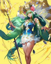 Rule 34 | 1girl, bare shoulders, detached sleeves, green hair, headdress, lips, long hair, looking at viewer, parvati (p&amp;d), puzzle &amp; dragons, solo, staff, very long hair, youshun (naturaljuice)