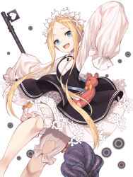 Rule 34 | 1girl, :d, abigail williams (fate), abigail williams (festival outfit) (fate), amagasa yun, arm up, black dress, blonde hair, bloomers, blue eyes, blush, bow, braid, breasts, butterfly hair ornament, collared dress, commentary request, dress, fate/grand order, fate (series), forehead, hair ornament, heart, heroic spirit chaldea park outfit, highres, keyhole, long sleeves, official alternate costume, open mouth, orange bow, parted bangs, shirt, simple background, sleeveless, sleeveless dress, sleeves past fingers, sleeves past wrists, small breasts, smile, solo, stuffed animal, stuffed toy, teddy bear, teeth, tentacles, underwear, upper teeth only, white background, white bloomers, white shirt