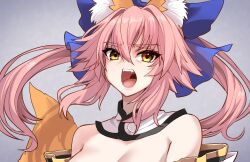 Rule 34 | 1girl, absurdres, animal ear fluff, animal ears, bare shoulders, blue bow, bow, breasts, closed mouth, detached collar, detached sleeves, fang, fate/extra, fate (series), fox ears, fox girl, fox tail, highres, large breasts, open mouth, pink hair, solo, split ponytail, tail, tamamo (fate), tamamo no mae (fate/extra), wisespeak, yellow eyes