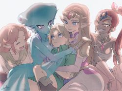 Rule 34 | 1boy, 4girls, age difference, blonde hair, blue eyes, blue skin, breasts, brown hair, child, cleavage, colored skin, dark-skinned female, dark skin, elbow gloves, fish girl, forehead jewel, gerudo, gloves, hair ornament, harem, highres, hug, jewelry, link, long hair, looking at another, malon, monster girl, multiple girls, nabooru, necklace, nintendo, noah (tettsui-sole), orange eyes, orange hair, pointy ears, ponytail, princess ruto, princess zelda, purple eyes, red hair, simple background, size difference, the legend of zelda, the legend of zelda: ocarina of time, tiara, time paradox, young link, zora